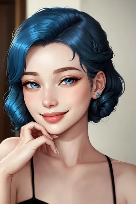 <lora:AnastasiaCebulska_v1:.9> AnastasiaCebulska coloring book line art, focus on eyes, close up on face, smiling, Glacier Blue hair styled Straight Finger Waves