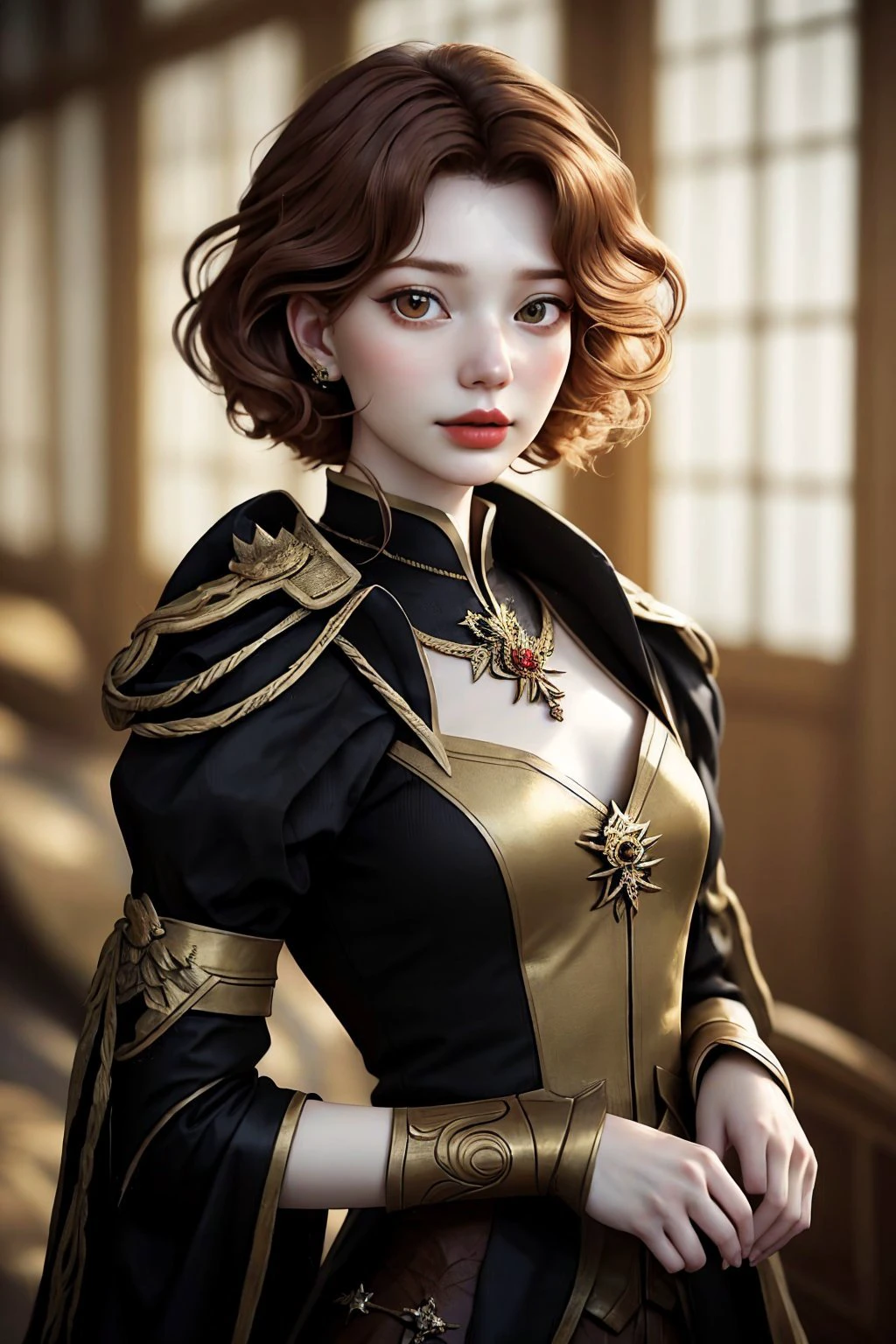 portrait photo of <lora:AnastasiaCebulska_v1:.9> AnastasiaCebulska, focus on face, wearing cosplay clothing , her hair is styled as Messy Curly Bob,