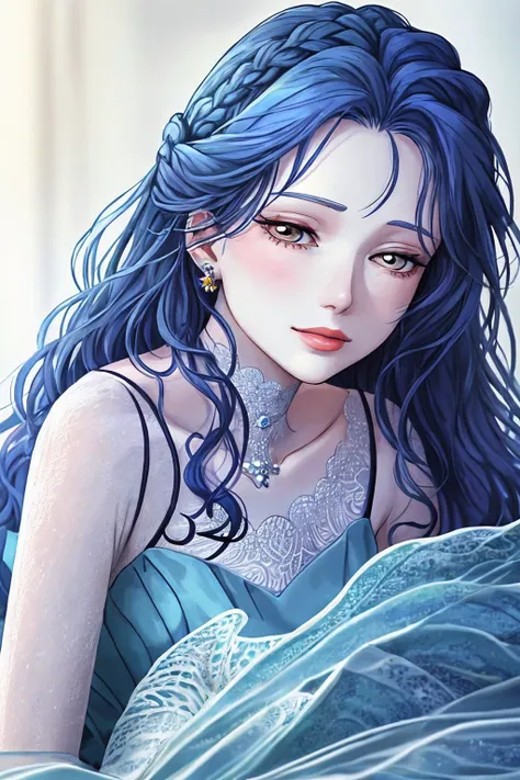 <lora:AnastasiaCebulska_v1:.9> AnastasiaCebulska coloring book line art, focus on eyes, close up on face, wearing jewelry, Pale Cornflower Blue hair styled mermaid braid