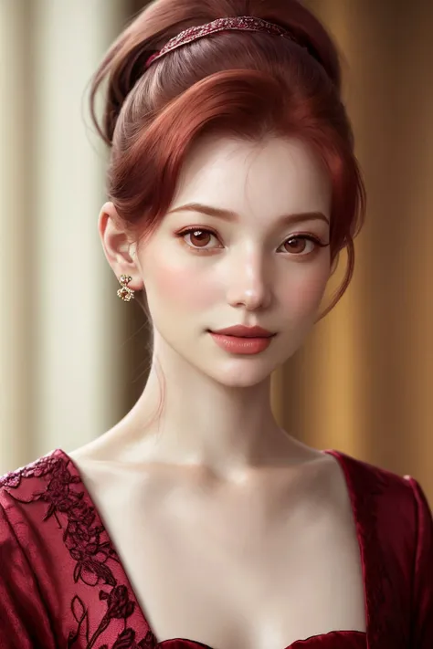 <lora:AnastasiaCebulska_v1:.9> AnastasiaCebulska, focus on eyes, close up on face, wearing jewelry, cranberry color hair styled voluminous ponytail