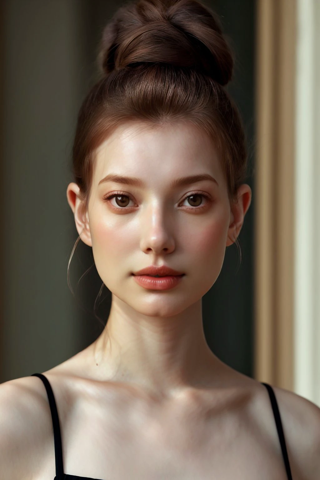 <lora:AnastasiaCebulska_v1:.9> AnastasiaCebulska, focus on eyes, close up on face, dark peach hair styled Straight Sleek Top Knot