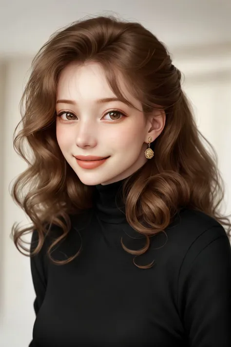 headshot photo of <lora:AnastasiaCebulska_v1:.9> AnastasiaCebulska, focus on smiling face, wearing a turtleneck , her hair is styled as Long Loose Curls,