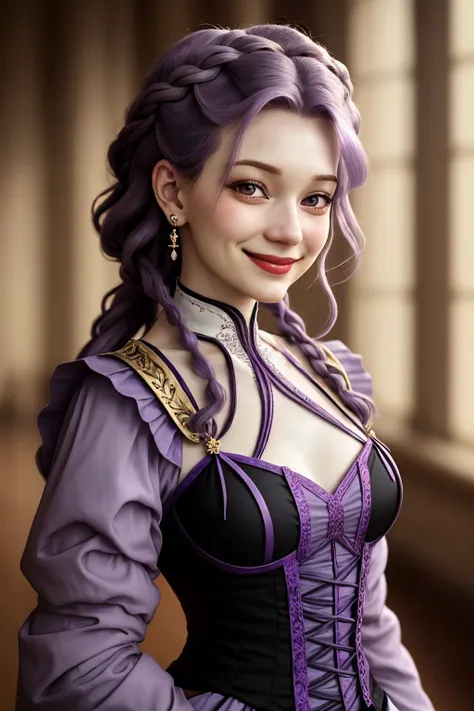 upper body photo of <lora:AnastasiaCebulska_v1:.9> AnastasiaCebulska, focus on smiling face, wearing cosplay clothing , her dark lilac hair is styled as Straight Dutch Braid,