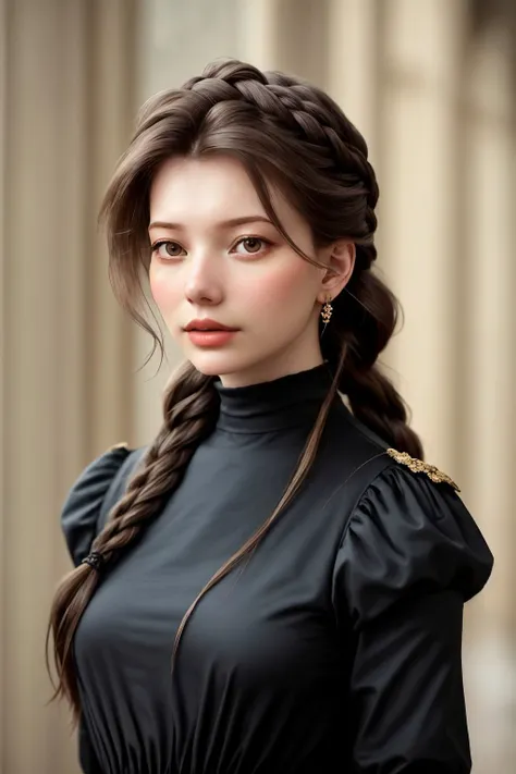 upper body photo of <lora:AnastasiaCebulska_v1:.9> AnastasiaCebulska, focus on face, wearing conservative clothing , her dark mint hair is styled as five-strand braid,