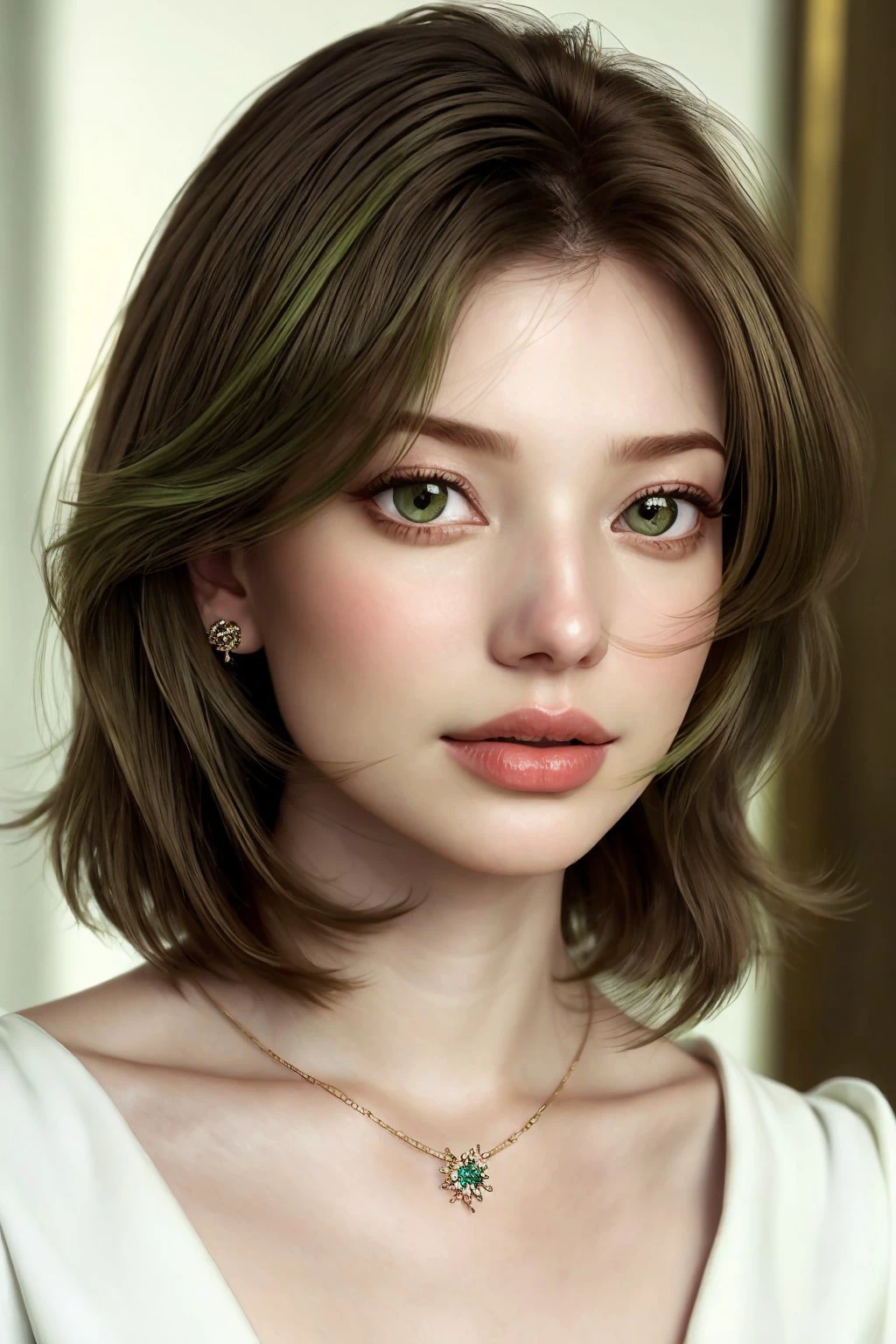 <lora:AnastasiaCebulska_v1:.9> AnastasiaCebulska, focus on eyes, close up on face, wearing jewelry, verde color hair styled layered bob hair