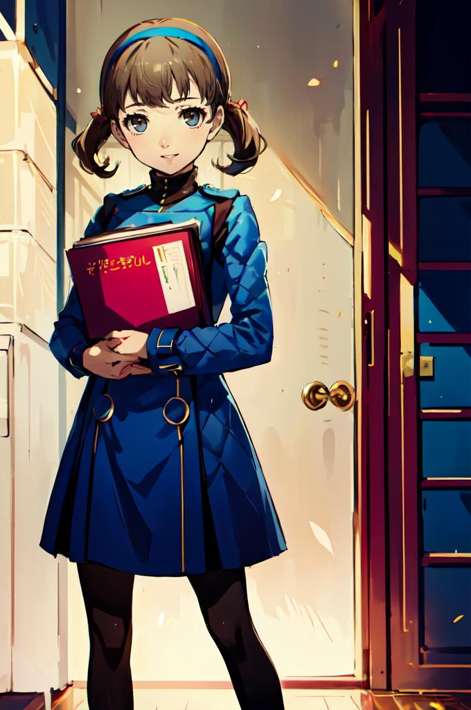 Anime girl with a book in her hands standing in front of a door - SeaArt AI