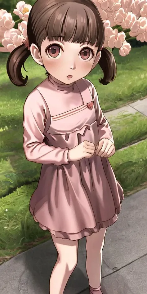 absolutely-impressive-lifelike-realistic, 1girl, outdoors, <lora:Nanako Doujima:1> Nanako-Doujima, short-twintails, petite-little-child, pink-dress