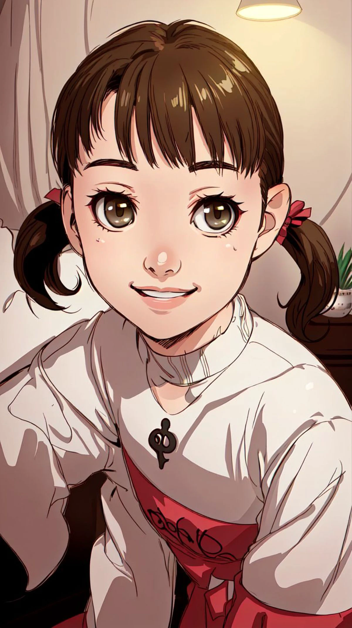 1girl,solo,(best quality:1.1),(masterpiece:1.1),upper body,looking at viewer,dynamic angle,cute,clear facial skin,short twintails,<lora:Nanako Doujima:0.8>,nanako doujima,inside,bedroom,perfect lighting,smile,