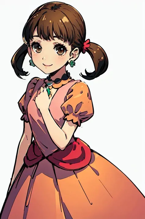 solo, smile, <lora:Nanako Doujima:0.65> Nanako Doujima, short twintails, brown eyes, <lora:princess_peach_dress_outfit-base-anylora-v1-1-1-000017_1_BiiIIMoOOo_WOF:1> peachdress, daisydress, puffy short sleeves, jewelry, dress,, ultra detailed, masterpiece, best quality,