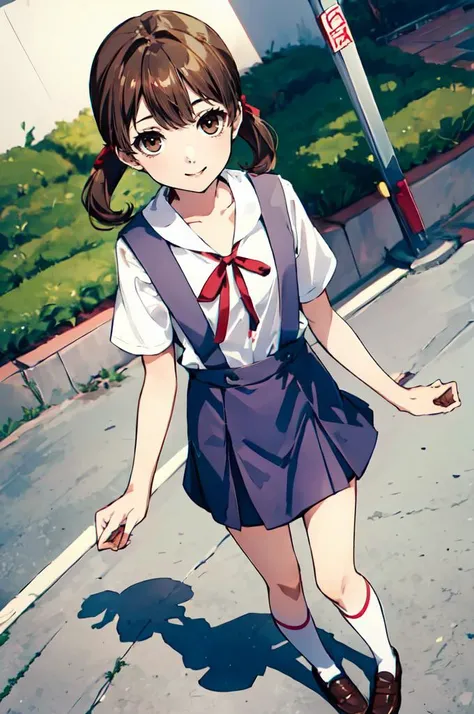 solo, smile, <lora:Nanako Doujima:0.65> Nanako Doujima, short twintails, brown eyes, <lora:eva school unifrom_20231114021315:0.75> eva school unifrom, 1girl, solo, tokyo-3 middle school uniform,  shirt, short sleeves, suspender skirt, neck ribbon,, ultra detailed, masterpiece, best quality,