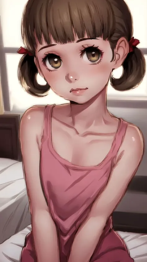 1girl,solo,(best quality),(masterpiece:1.1),upper body,looking_at_viewer,dynamic angle,cute,clear facial skin,short twintails,<lora:Nanako Doujima:0.8>,Nanako Doujima,inside,bedroom,