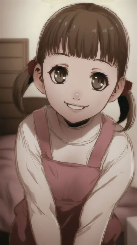 1girl,solo,(best quality:1.1),(masterpiece:1.1),upper body,looking at viewer,dynamic angle,cute,clear facial skin,short twintails,<lora:Nanako Doujima:0.8>,nanako doujima,inside,bedroom,perfect lighting,smile,AS-Adult,