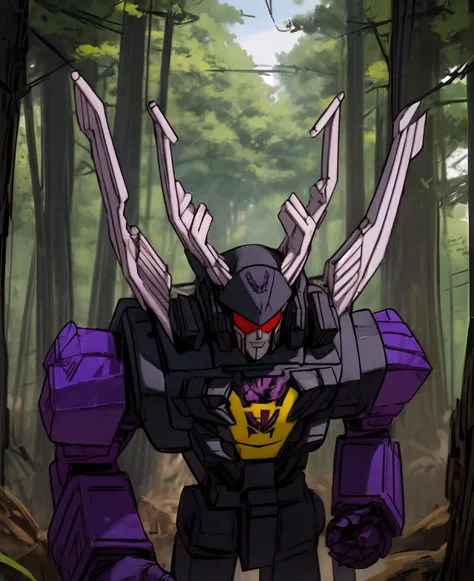 insecticons, shrapnel, giant robot, stag beetle horns, dark purple, yellow, in a forest <lora:Insecticons_Transformers:0.7>