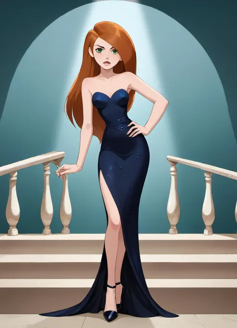 kim possible, cartoon, evening dress, stairwell, highly detailed, shaded, high heels, solo, soft light,
 <lora:Kim_Possible:0.8> <lora:Anime Style 2 SDXL_LoRA_Pony Diffusion V6 XL:0.8>