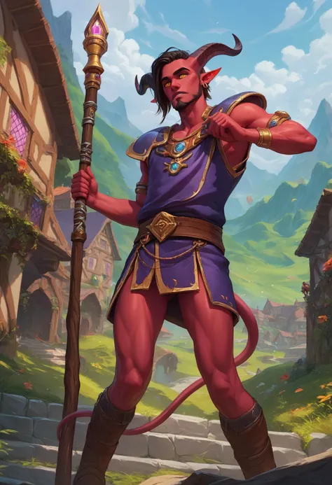 (score_9, score_8_up:1.1), score_7_ up, zPDXL, Tiefling, Warlock, Male, lean build, red skin, horns, goatee, yellow eyes, wearing dark purple robes and carrying a spellbook and a staff.. , masterpeice, detailed, intricated details, 8k, ultraclear <lora:detailed_notrigger:1>, wide angle , detailed scene, detailed faces, perfect quality, tranding on artstation, incredible details,