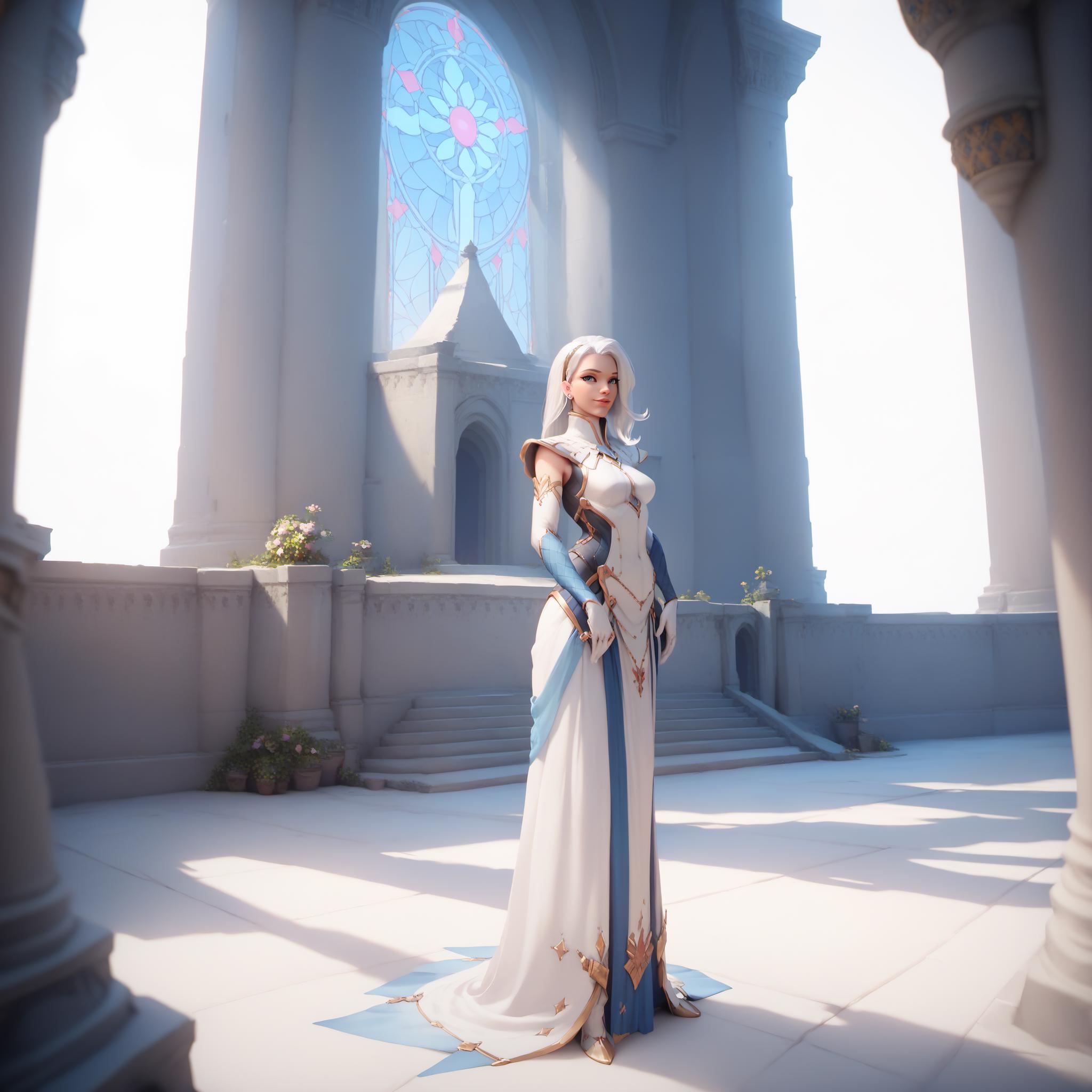 A woman in a white dress standing in front of a church - SeaArt AI