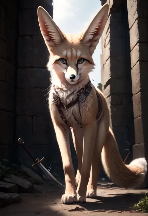 fox, , , Male, holding, is sitting, weapon, shoulder pads, Path, belt, Male focus, horns,Background to the war, colored leather, fire, candle, Without clothing , completely naked.vagina , ((Masterpiece, Best quality))
