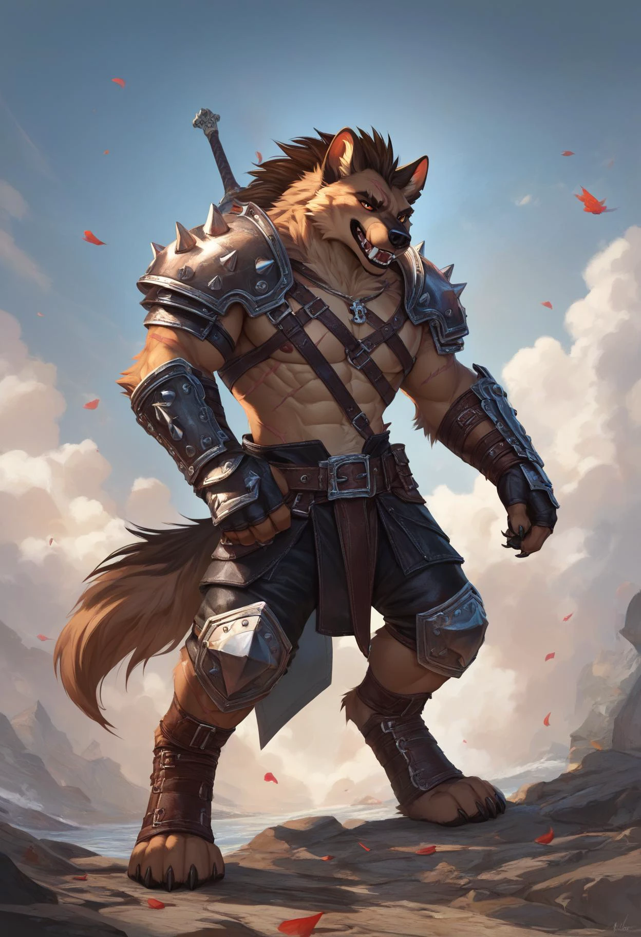 (score_9, score_8_up:1.1), score_7_ up, zPDXL, Gnoll Fighter, Male: hyena-like, fur, fangs, scars, studded leather armor, bone jewelry. , masterpeice, detailed, intricated details, 8k, ultraclear <lora:detailed_notrigger:1>, wide angle , detailed scene, detailed faces, perfect quality, tranding on artstation, incredible details,