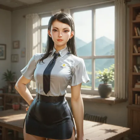 score_9, score_8_up, score_7_up,score_6_up, score_5_up,  1girl, long black hair, shirt with a tie, black mini pencil skirt,   living room with sunshine shot through the window, 
 <lora:ponychunliv3:0.9>