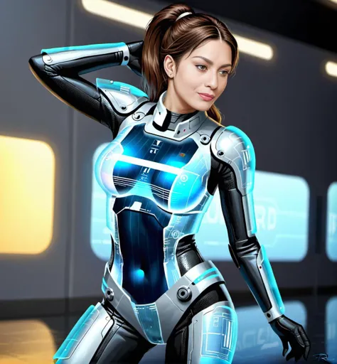 a beautiful 25 year old Brazilian woman wearing a holographic suit by xkm_hypertunnel and Ingrid Baars <lora:xkm_hypertunnel:.8>, detailed, masterpiece