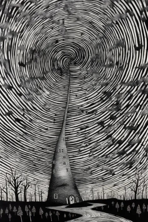 <lora:Stanley Donwood Style:1>Stanley Donwood Style - tornado, black and white, doodle art in style of Thimothy Goodman