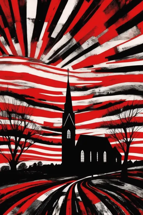 <lora:Stanley Donwood Style:1>Stanley Donwood Style - rural skyline sillhouette with church tower cobble roofs in the style of a white stripes album cover only in red white and black
