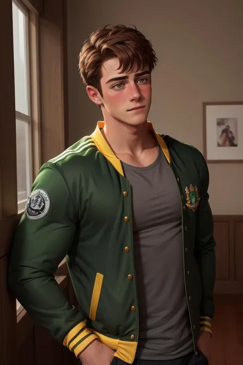 masterpiece, best quality, alex sdv, 1boy, solo, green jacket, brown hair, blush, brown eyes, black shirt, upper body, open jacket, short hair, looking to the side, indoors, standing, closed mouth