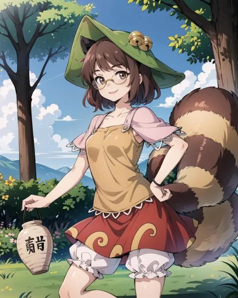<lora:FutatsuiwaMamizou:1>, 1girl, futatsuiwa mamizou, hat, bell, brown hair, brown eyes, short hair, animal ears, glasses, short sleeves, red skirt, bloomers, (raccoon tail:1.2), smile, forest, tree, grass, day, <add_detail:0.65>, masterpiece, best quality