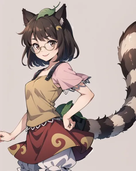 <lora:FutatsuiwaMamizou:1>, 1girl, futatsuiwa mamizou, leaf on head,,brown hair, brown eyes, short hair, animal ears, glasses, short sleeves, red skirt, bloomers,raccon tail, (grey background:1.2), smile, solo, <add_detail:0.5>, masterpiece, best quality