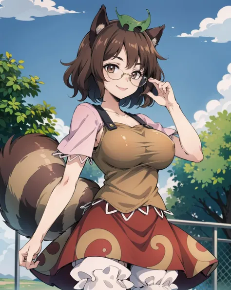 <lora:FutatsuiwaMamizou:1>, 1girl, futatsuiwa mamizou, leaf on head, brown hair, brown eyes, short hair, animal ears, glasses, large breasts, short sleeves, red skirt, bloomers, raccon tail, smile, solo, <add_detail:0.65>, masterpiece, best quality