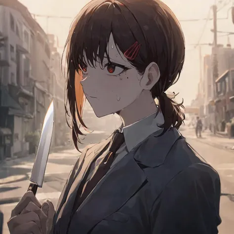 1girl, higashiyama kobeni, holding a knife on street, with a sweaty and stressed out face, suit, (masterpiece), cinematic, beautiful light, best quality, newest,safe, absurdres <lora:kobeni_xl_rev2-000004:1>