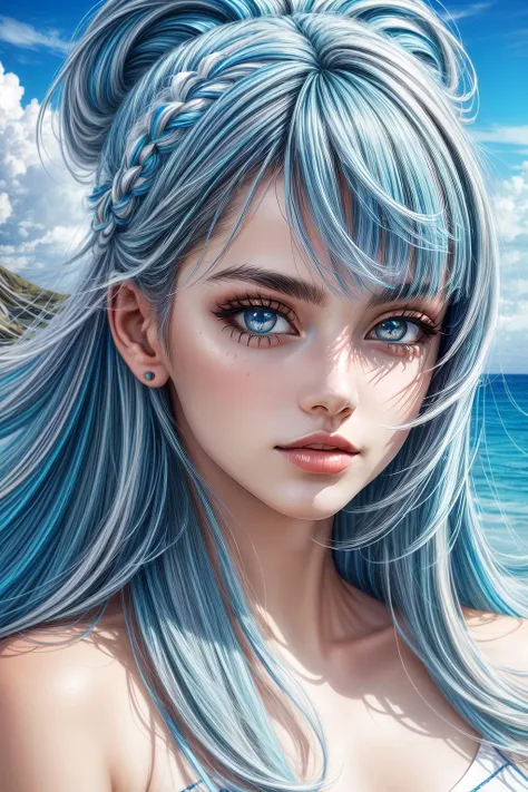 Best quality, 8K, upper body, don't miss fingers, 1 girl, mermaid, smile, solo, seaside, blue sky, clear water, white and tender skin,