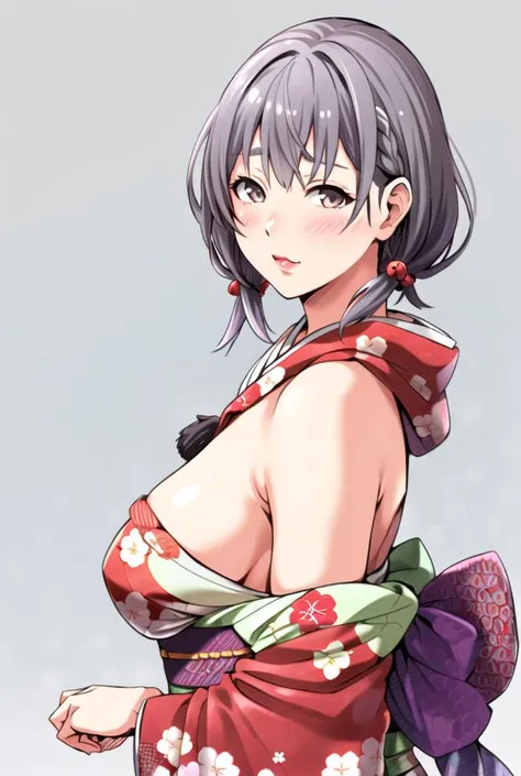 1girl, from_side, grey_hair, hair_ornament, hood, japanese_clothes, kimono, long_sleeves, looking_at_viewer, short_hair, solo,tassel, white_kimono, wide_sleeves, ((temple)), ((detailed background)) <lora:Hyji:0.7>