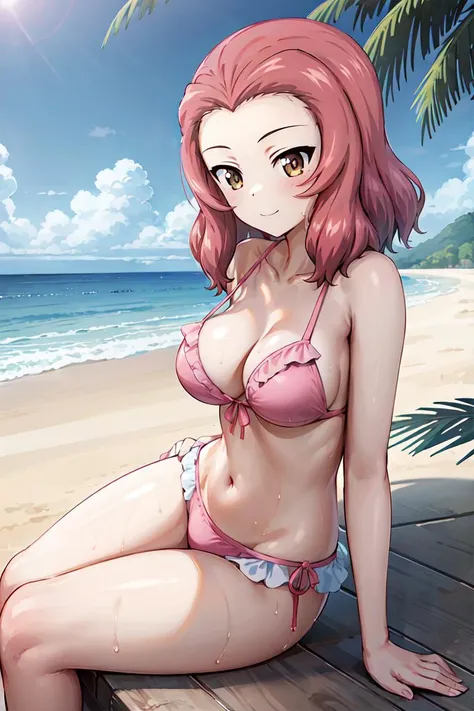 masterpiece, best quality, 1girl, solo, girls und panzer, rosehip, (pink frilled bikini:1.2), wet skin,looking at viewer, sitting on sand, beach, ocean, blue sky <lora:Rosehip:0.6>