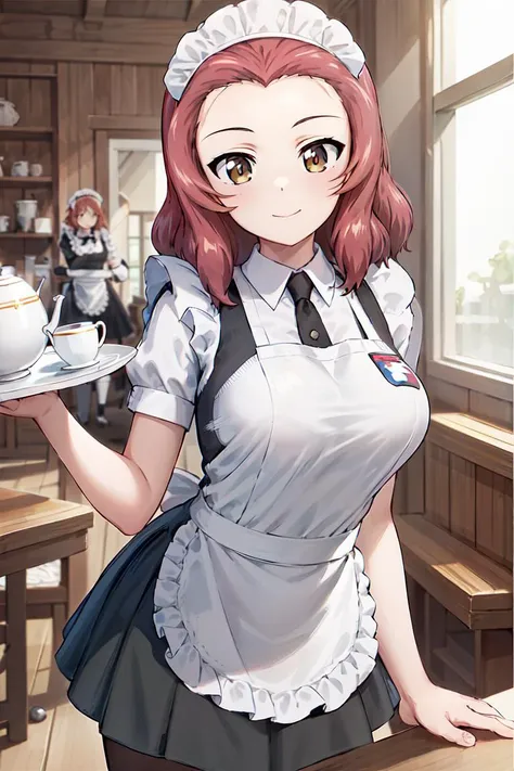 masterpiece, best quality, 1girl, solo, girls und panzer, rosehip, (maid uniform, white shirt, apron, black skirt:1.4), looking at viewer, cowboy shot, indoors, cafe, table, chair, teapot <lora:Rosehip:0.6>