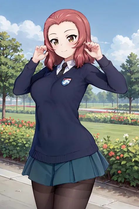 masterpiece, best quality, 1girl, solo, girls und panzer, rosehip,st. gloriana's school uniform, black pantyhose, pose,cowboy shot, outdoors, garden, blue sky <lora:Rosehip:0.6>