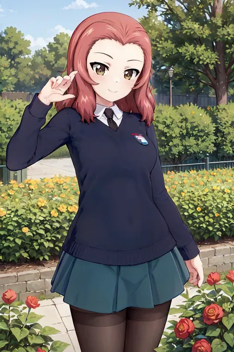 masterpiece, best quality, 1girl, solo, girls und panzer, rosehip,st. gloriana's school uniform, black pantyhose,looking at viewer, pose,cowboy shot, outdoors, garden, blue sky <lora:Rosehip:0.6>