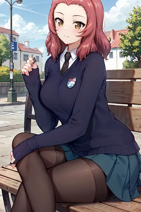 masterpiece, best quality, 1girl, solo, girls und panzer, rosehip,medium breasts,st. gloriana's school uniform, blue sweater, blue skirt, black necktie, white shirt, black pantyhose, st. gloriana's \(emblem\), looking at viewer,sitting, bench,outdoors, blue sky <lora:Rosehip:0.6>