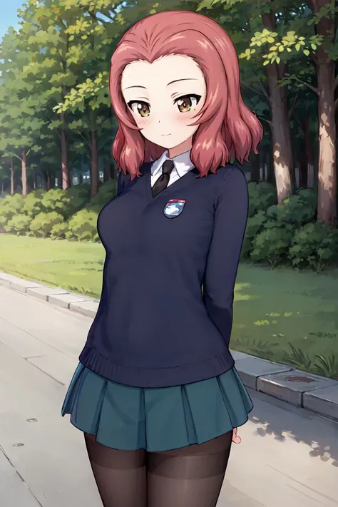 masterpiece, best quality, 1girl, solo, girls und panzer, rosehip,st. gloriana's school uniform, black pantyhose,arms behind back,shy, blush, cowboy shot, outdoors, rose, blue sky <lora:Rosehip:0.6>