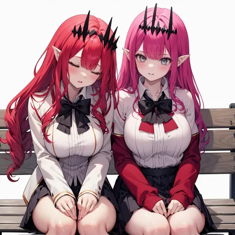2girls, multiple girls, closed eyes,
sleeping upright, sleeping on person, sitting,
bench,light smile, blush,parted lips,
<lora:SleepingUprightSleepinOnPersonSittingV1:1> ,
<lora:char-Bsith2tirara:1> ,tiara, red hair, long hair,
large breasts, school uniform, leaning on person, yuri, pointy ears,