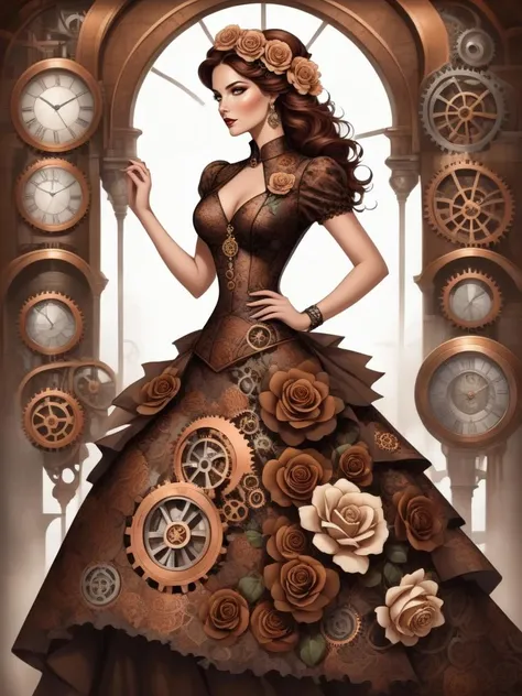 Steampunk style beautiful woman wearing a flower dress, <lora:xl_flower_dress-1.0:0.8>, roses, full body . Antique, mechanical, brass and copper tones, gears, intricate, detailed