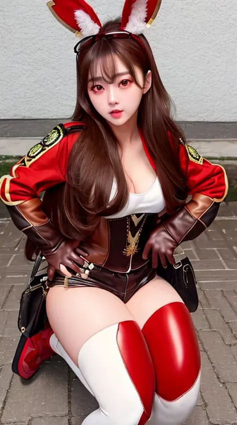 <lora:amberGenshinImpact_flexibleV1:1.01>,masterpiece, best quality, soft lighting, absurdres,1girl, solo, smile, goggles on head, amber \(genshin impact\), brown eyes, brown hair, long hair, red hair ribbon, brown short shorts, leather gloves, pouch, thighhighs, white boots, medium breasts, shrug \(clothing\),(photorealistic:1.2),(closeup:1),detailed hair,shiny skin,large pupils:,detailed eyes, pureerosface_v1:0.3, (cleavage:0.2), red jacket,brow short,building background,street, thin lips,mouth,(eyes:0.6),detailed face,squat