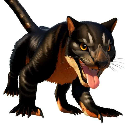 animal, feral, <lora:Thylacoleo-08:1>, looking at user, open mouth, tongue poking out, smiling, white background, full body, digital art, cartoon, vector art,