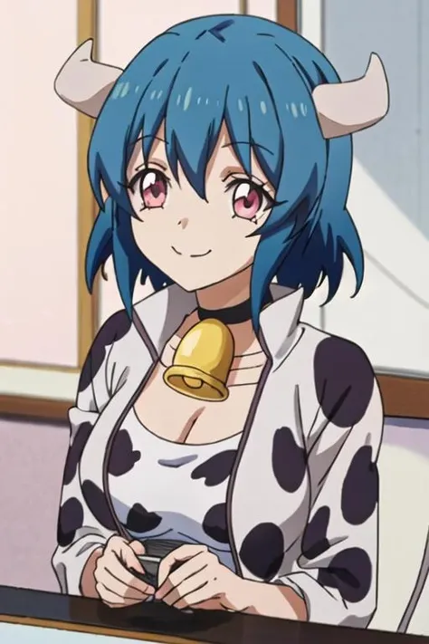 best quality, masterpiece, highres, solo, {minosu_jashinchandropkick:1.15}, blue_hair, horns, short_hair, bell, cow_horns, neck_bell, cowbell, cow_print, animal_print, cow_girl, red_eyes, hair_between_eyes, smile, closed_mouth, pink_eyes, 1girl, bangs, indoors, upper_body, choker, jacket, parody, black_choker, shirt, anime_coloring