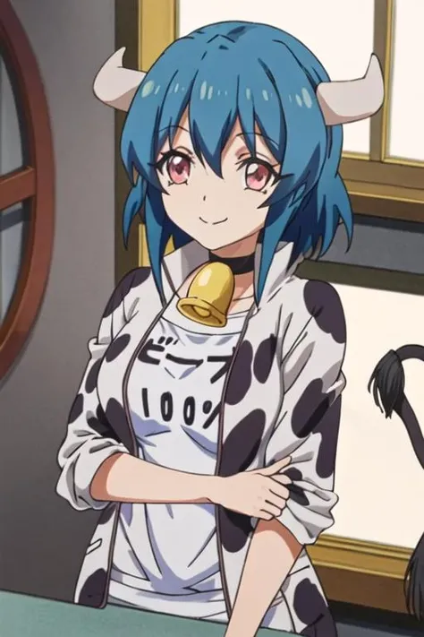 best quality, masterpiece, highres, solo, {minosu_jashinchandropkick:1.15}, blue_hair, horns, short_hair, bell, cow_horns, neck_bell, cowbell, cow_print, animal_print, cow_girl, red_eyes, hair_between_eyes, smile, closed_mouth, pink_eyes, 1girl, from_behind, cow_ears