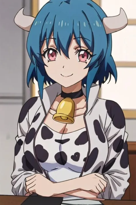 best quality, masterpiece, highres, solo, {minosu_jashinchandropkick:1.15}, blue_hair, horns, short_hair, bell, cow_horns, neck_bell, cowbell, cow_print, animal_print, cow_girl, red_eyes, hair_between_eyes, smile, closed_mouth, pink_eyes, 1girl, choker, jacket, shirt, upper_body, white_shirt, bangs, open_clothes, black_choker, breasts, looking_at_viewer, open_jacket, anime_coloring, indoors, clothes_writing