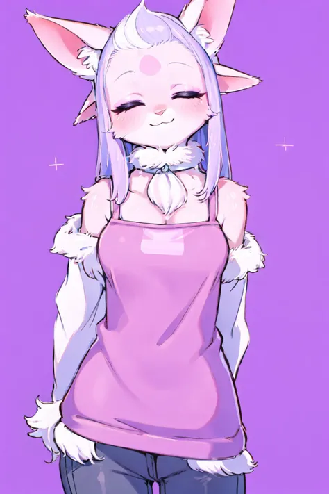 masterpiece, best quality, absurdres, highres, ultra detailed, high resolution, luntik's_mom, female, purple body, long hair, two tone hair, white hair, purple hair, closed eyes, happy, blush, fur markings, 4 ears, purple eyes, neck tuft, close-up, solo, looking at viewer,((arms behind back)), purple background,simple background, <lora:cleavagebulge2:1> <lora:luntik's_momV1.6:0.8>