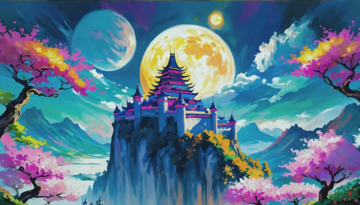 thick oil on canvas, vibrant professional pigments, epic fantasy, moonrise, scenery, in a Chunyu Knight's Castle Grounds, vibrant color scheme<lora:EnvyAnimeOilXL01:1.0><lora:EnvyEnhanceXL01:0.4><lora:EnvyMoonriseXL01:1@0,0@0.6:hr=0>