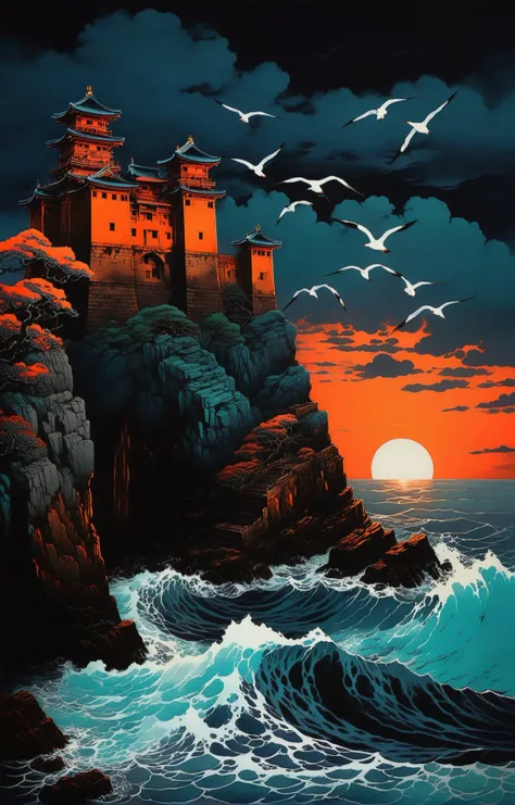 triadic colors, midriff, solo, japanese ink, dark night, grim shadow, dramatic lighting BREAK  mystical sunset, dark sky, dark and moody, foggy, ancient a castle perched atop a rugged coastal cliffside and surrounded by steep cliffs, with waves crashing against the rocks below and seagulls soaring overhead with breathtaking views of the sea and surrounding landscape <lora:EnvyMoonriseXL01:1>, high quality, highly detailed, 4k, cinematic lighting, orange and teal color grading BREAK (anime manga by Hiroshi Yoshida Hiroshi Nagai) <lora:xl_more_art-full_v1:0.5>