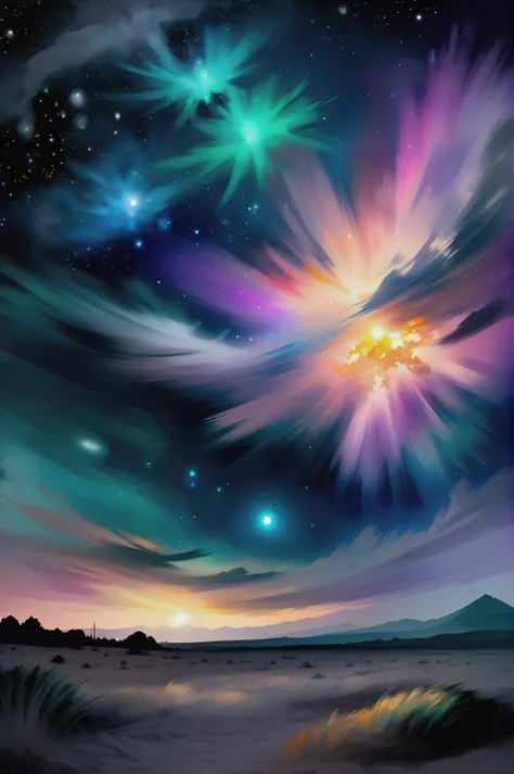 digital oil painting, photoshop real oil brush set, vivid twilit evening, dark sky, scenery, "at the great Nebula" <lora:EnvyMoonriseXL01:1><lora:EnvyAnimeOilXL01:1>